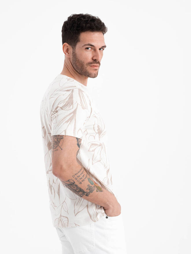 Vyriški marškinėliai su kontrastingais lapais - šviesiai smėlio spalvos V1 OM-TSFP-0180