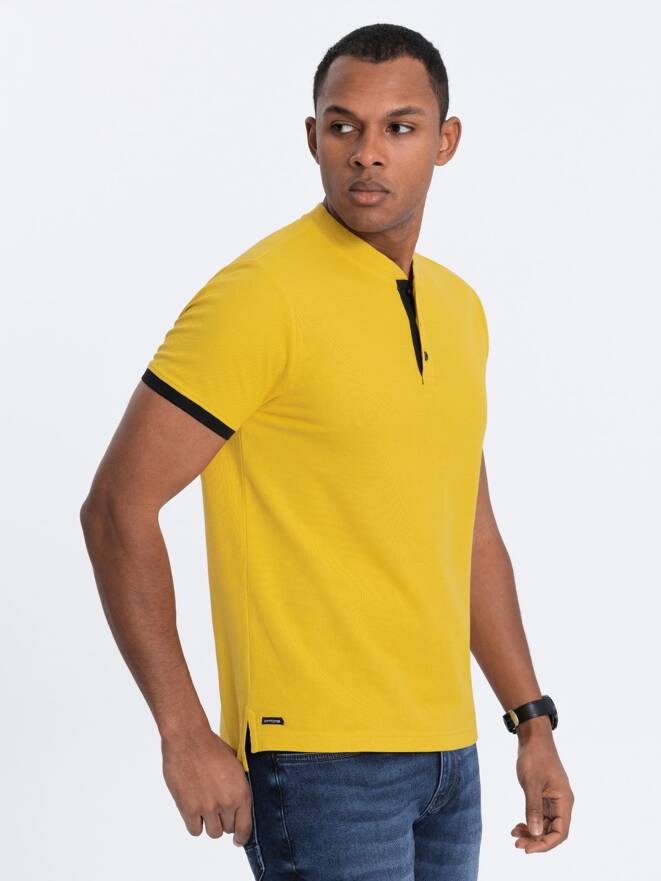 Vyriški polo marškinėliai be apykaklės - geltoni V9 OM-TSCT-0156
