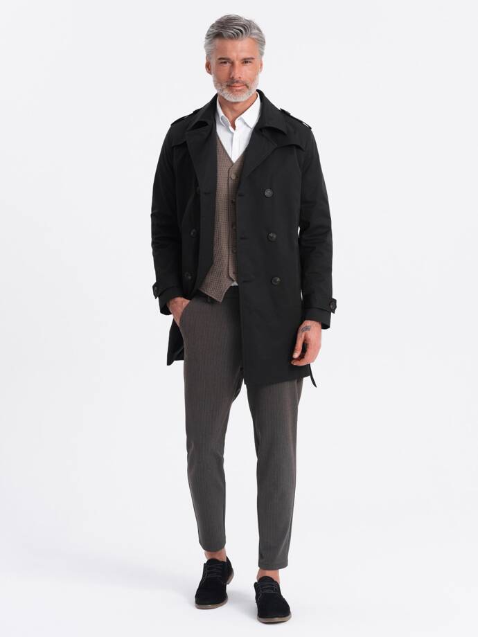 Elegantiškas vyriškas SLIM FIT paltas su diržu - juodas V2 OM-COSC-0111