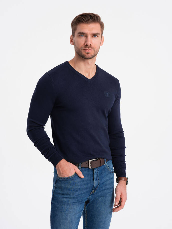 Elegantiškas vyriškas džemperis su iškirpte - tamsiai mėlynas V22 OM-SWBS-0107