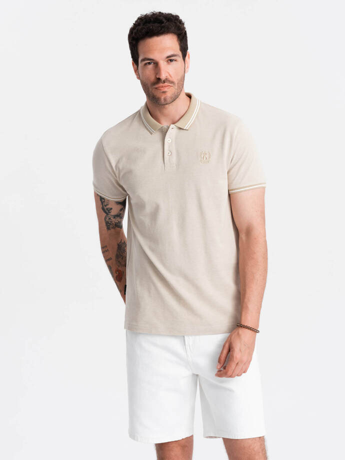 Melanžiniai vyriški polo marškinėliai su dryžuota apykakle - smėlio spalvos V4 OM-POSS-0109