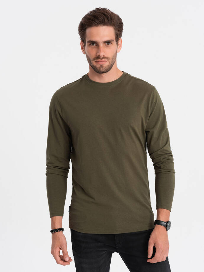 Vyriška marškininė BASIC ilgomis rankovėmis su apvalia iškirpte - tamsiai alyvuogių žalia V7 OM-LSBL-0106