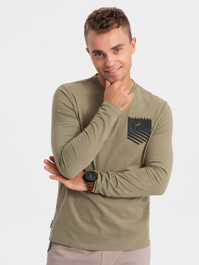 Vyriška marškininė ilgomis rankovėmis su kišenės spauda - alyvinė V2 OM-LSPT-0118