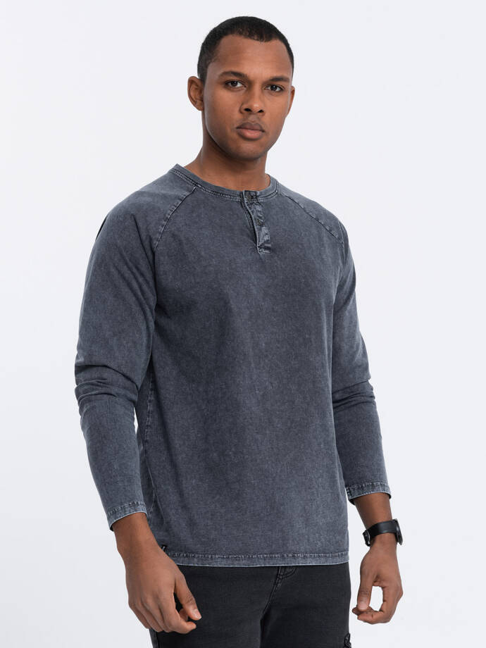 Vyriška skalbiama marškininė su ilgomis rankovėmis ir raglano rankovėmis - tamsiai mėlyna V2 OM-LSWL-22FW-001