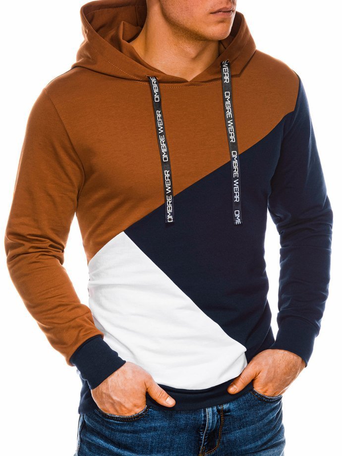 Vyriškas džemperis su gobtuvu - tamsiai mėlynas/rudas B1050