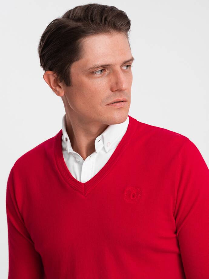 Vyriškas džemperis su marškinių apykakle ir V formos iškirpte - raudonas V4 OM-SWSW-0102