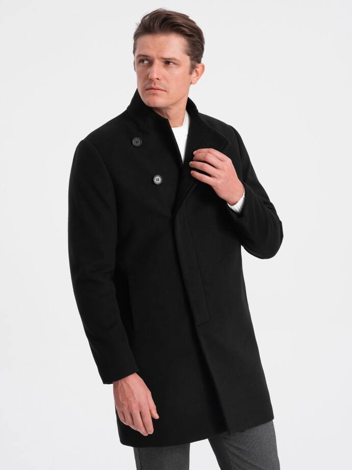 Vyriškas paltas su asimetrišku užsegimu - juodas V2 OM-COWC-0102