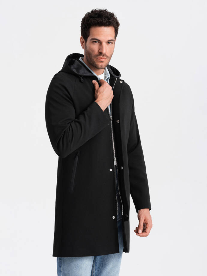 Vyriškas paltas su gobtuvu, juoda spalva V2 OM-COSC-0112