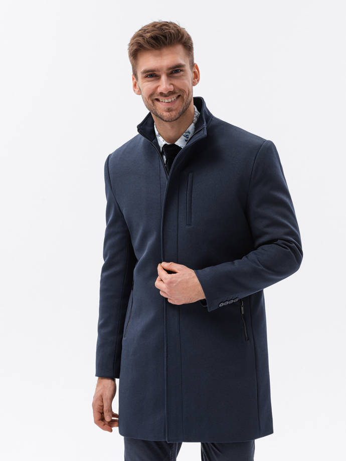 Vyriškas paltas su stovinčia apykakle ir dygsniuotu pamušalu - tamsiai mėlynas V2 OM-COWC-0103