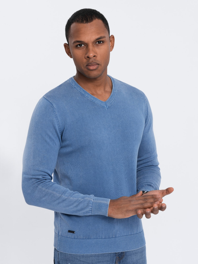 Vyriškas skalbiamas džemperis su V formos iškirpte - mėlynas V4 OM-SWOS-0108