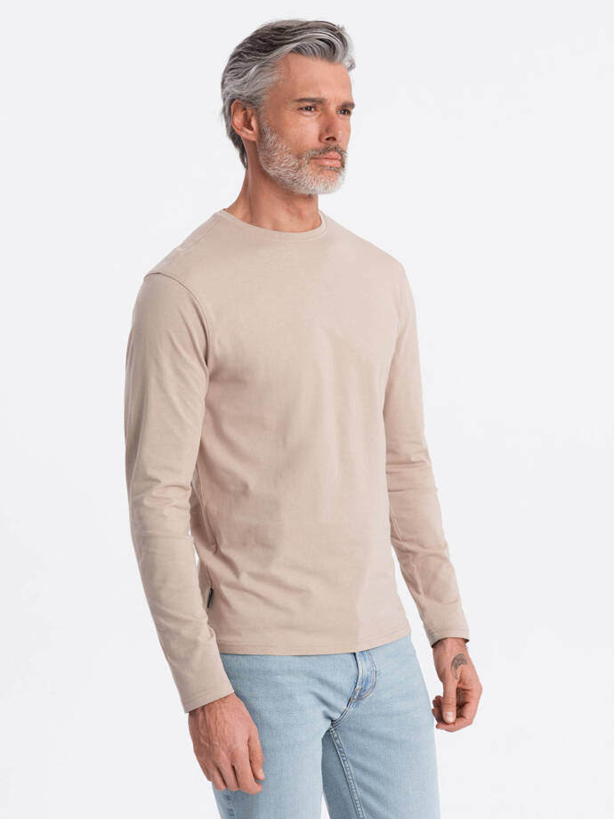 Vyriški BASIC marškinėliai ilgomis rankovėmis su apvalia iškirpte - smėlio spalvos V8 OM-LSBL-0106