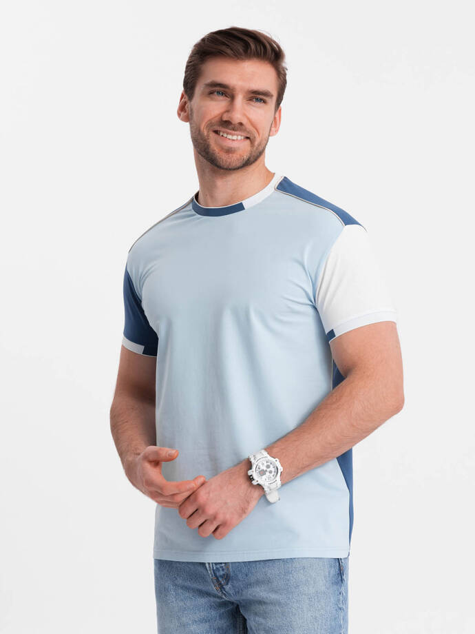 Vyriški elastano marškinėliai su apykaklės formos rankovėmis - mėlyni V2 OM-TSCT-0176