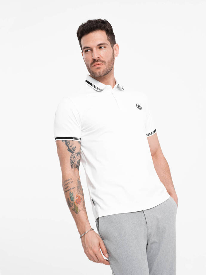 Vyriški elastano polo marškinėliai su kontrastingais elementais - balti V1 OM-POSS-0123