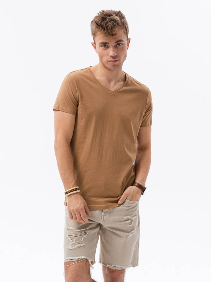 Vyriški klasikiniai BASIC marškinėliai su V formos iškirpte - šviesiai rudi V9 S1369