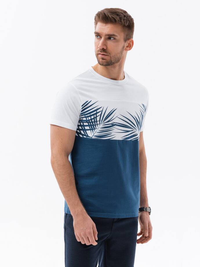 Vyriški marškinėliai su palmių lapų raštu - tamsiai mėlyni V1 OM-TSPT-0177