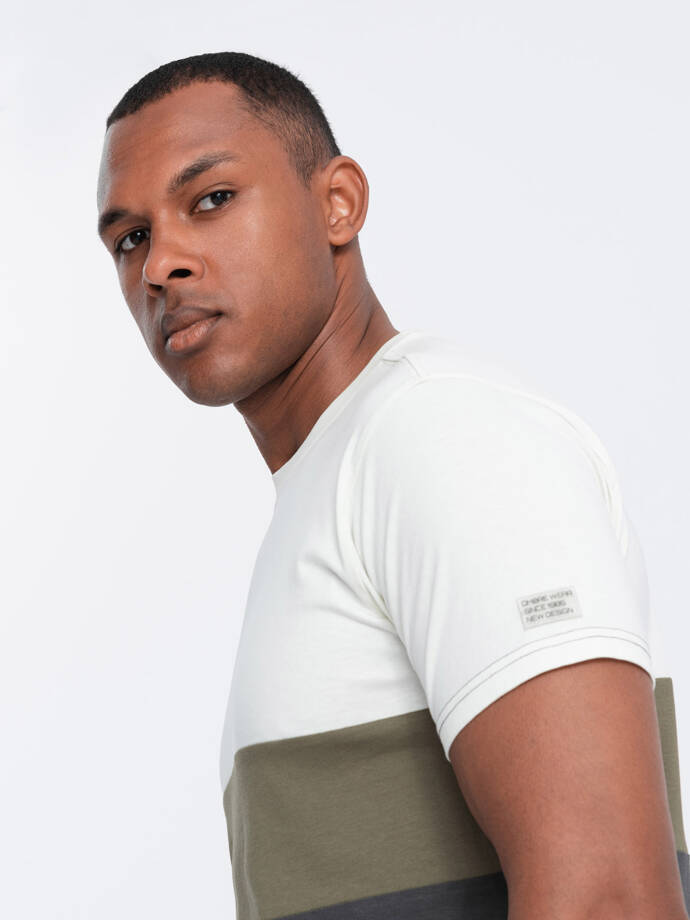 Vyriški marškinėliai su plačiomis juostelėmis - kreminės ir grafito spalvos V6 OM-TSCT-0152