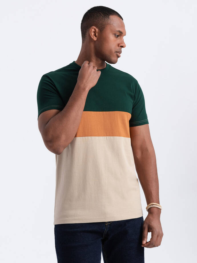Vyriški marškinėliai su plačiomis juostelėmis - žali ir smėlio spalvos V4 OM-TSCT-0152