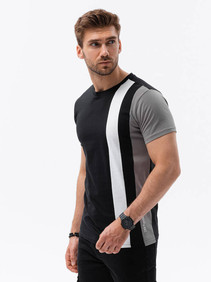 Vyriški marškinėliai su vertikaliais kontrastiniais elementais - juodi V1 OM-TSCT-22SS-006