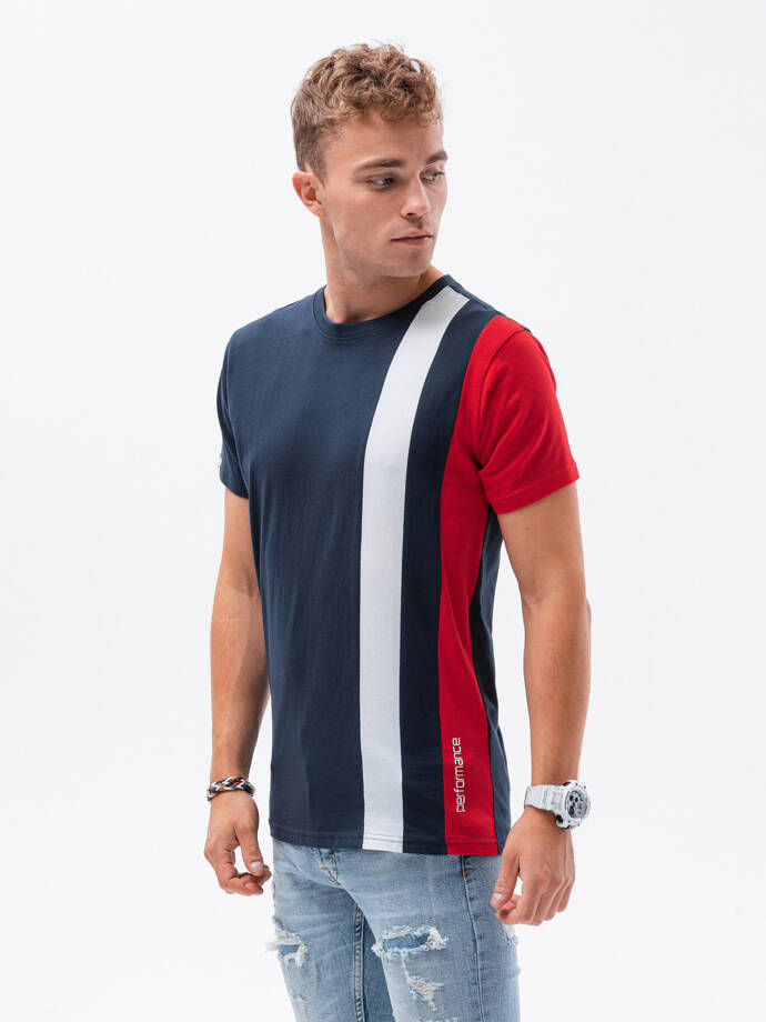 Vyriški marškinėliai su vertikaliais kontrastiniais elementais - tamsiai mėlyni V3 OM-TSCT-22SS-006