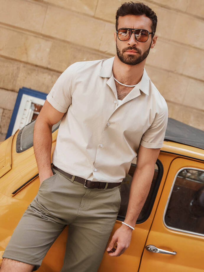 Vyriški marškiniai trumpomis rankovėmis su kubietiška apykakle - kreminiai V7 OM-SHSS-0168