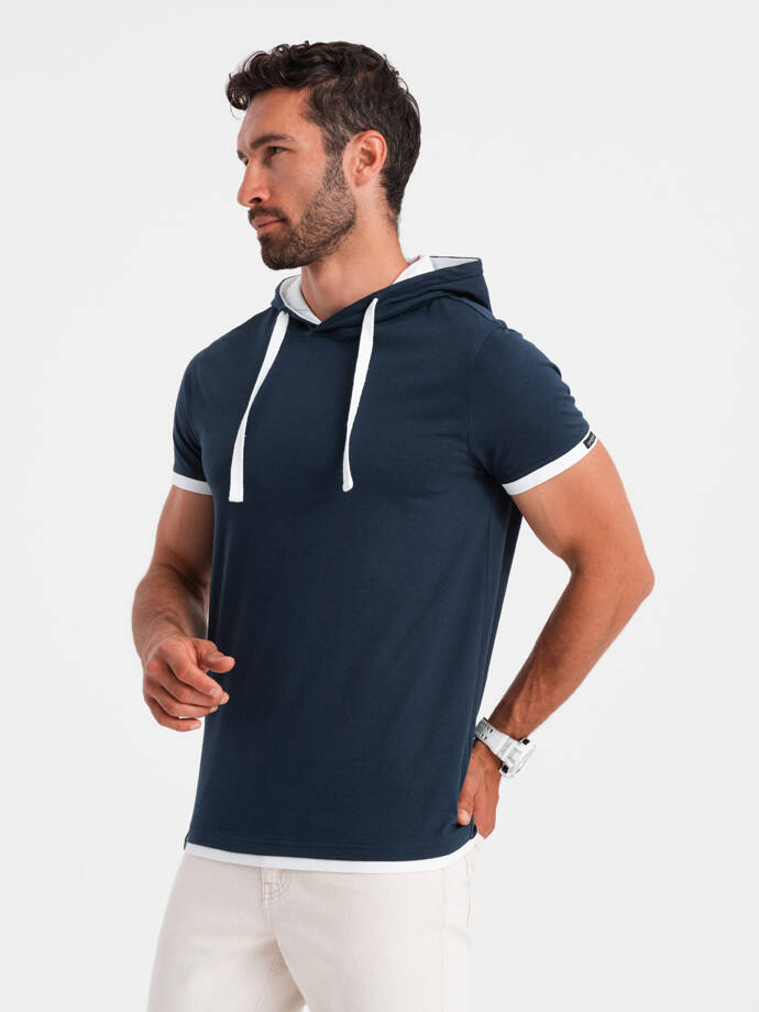 Vyriški medvilniniai marškinėliai su gobtuvu - tamsiai mėlyni V4 OM-TSCT-22SS-001