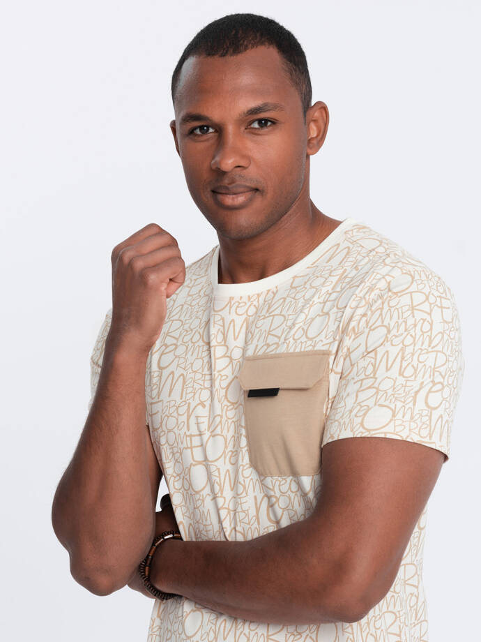 Vyriški medvilniniai marškinėliai su raidėmis ir kišenėmis - kreminės ir rudos spalvos V1 OM-TSFP-0188