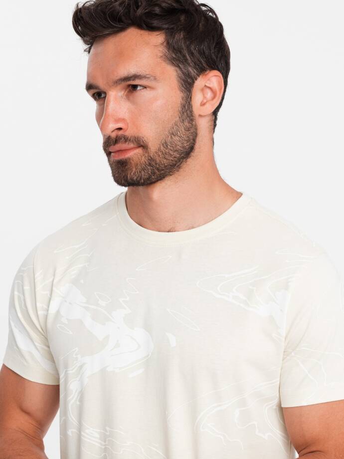 Vyriški medvilniniai marškinėliai su raštais - kreminiai V7 OM-TSFP-0184