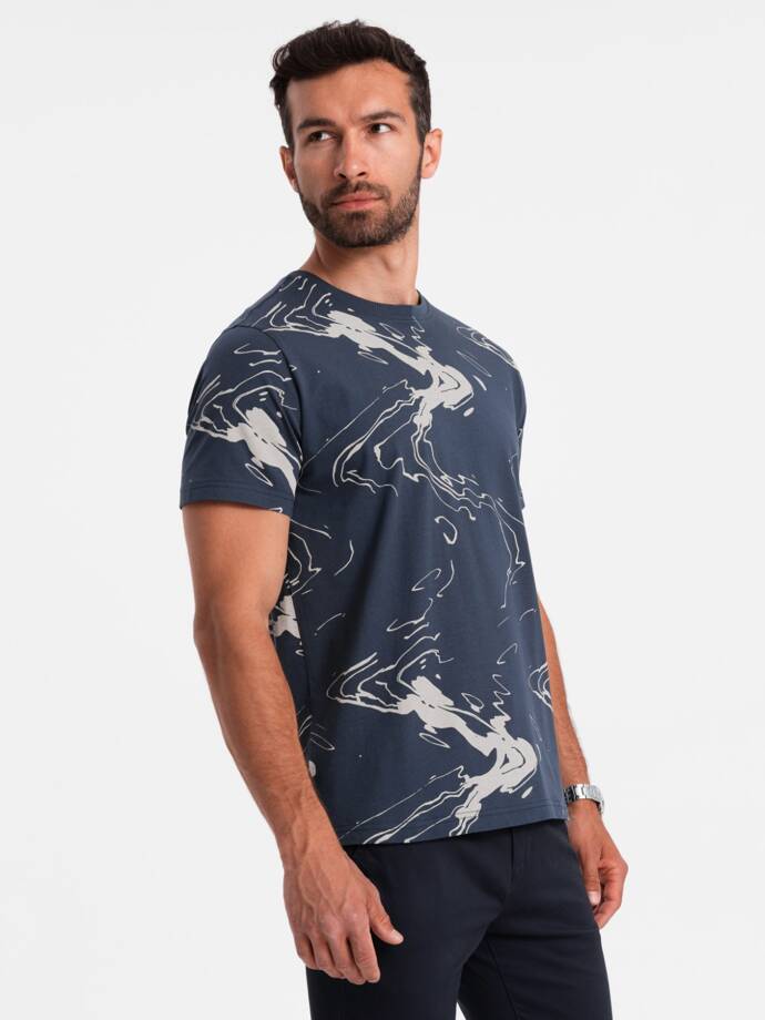 Vyriški medvilniniai marškinėliai su raštais - tamsiai mėlyni V1 OM-TSFP-0184