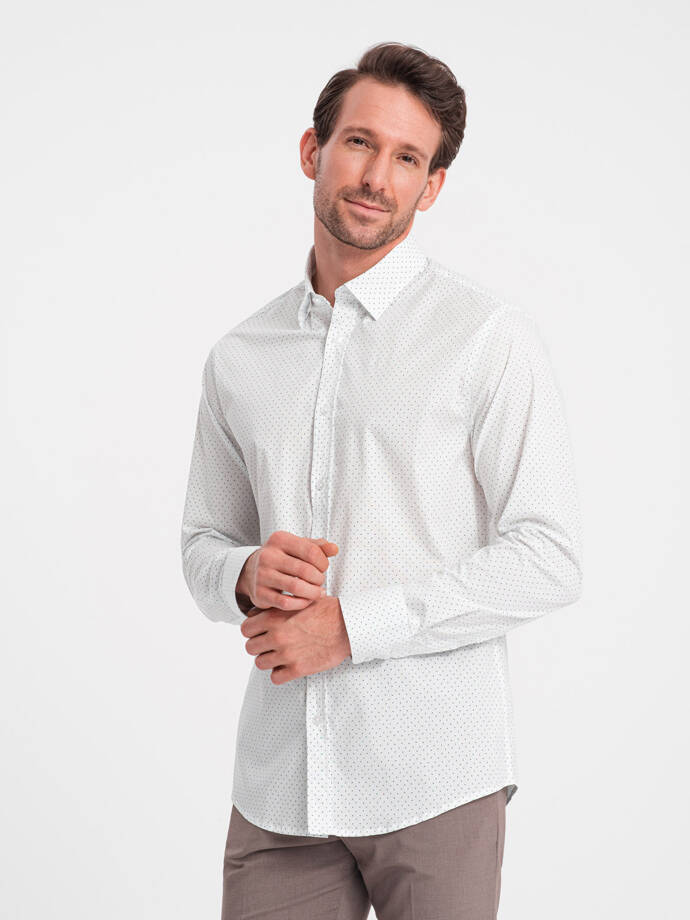 Vyriški medvilniniai marškiniai REGULAR FIT su mikro raštu - balti V1 OM-SHCS-0152