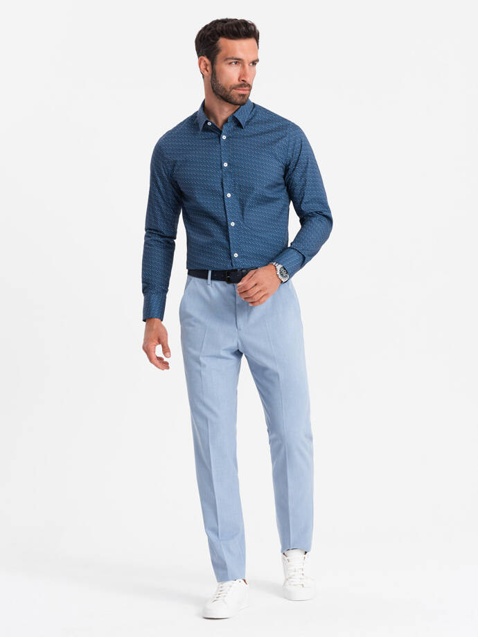 Vyriški medvilniniai raštuoti SLIM FIT marškiniai - mėlyni V4 OM-SHCS-0151