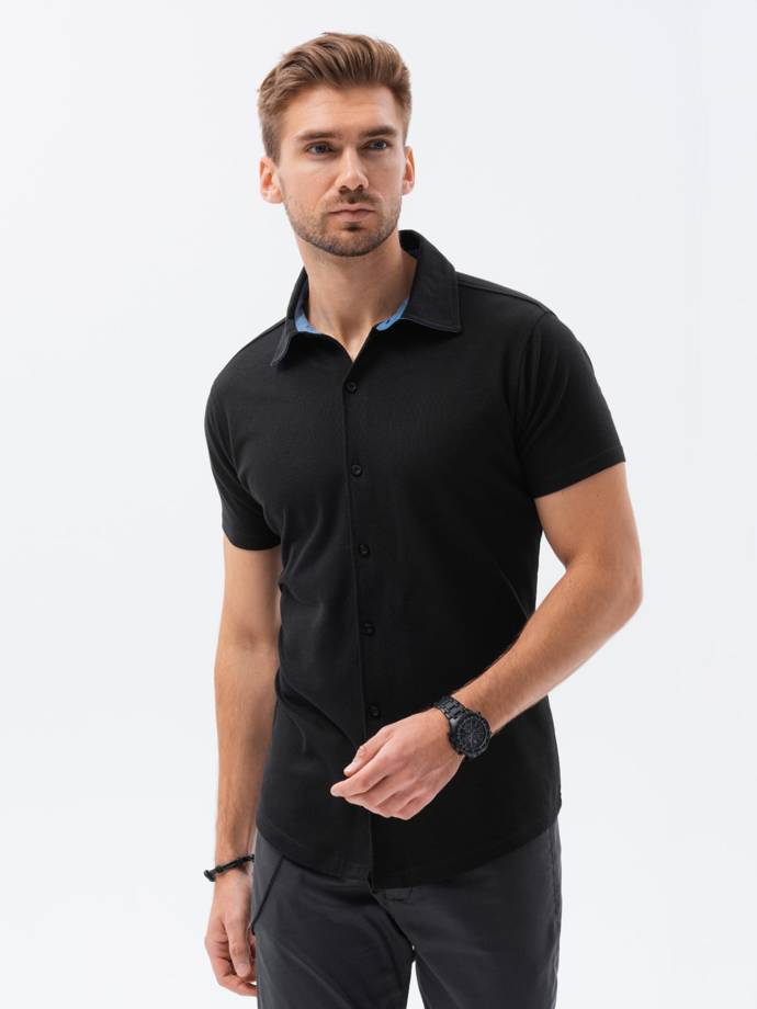 Vyriški megzti marškinėliai trumpomis rankovėmis - juodi V4 K541