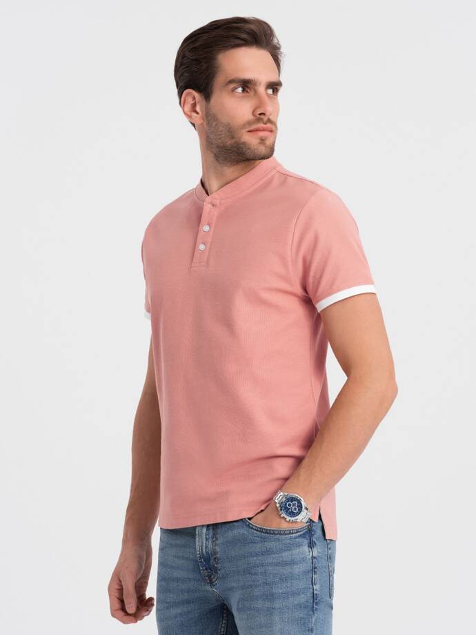 Vyriški polo marškinėliai be apykaklės - rožinės spalvos V7 OM-TSCT-0156