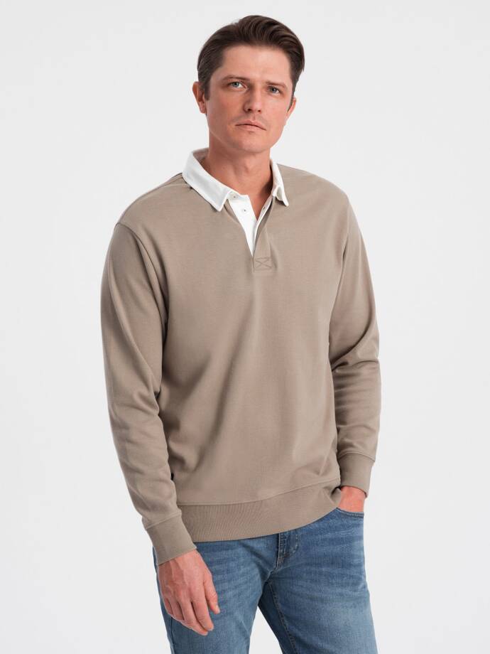 Vyriški polo marškinėliai su apykakle - tamsiai smėlio spalvos V2 OM-SSNZ-0132