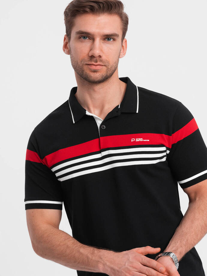 Vyriški prigludę polo marškinėliai su dvispalvėmis juostelėmis - juodi V2 OM-POSS-0127