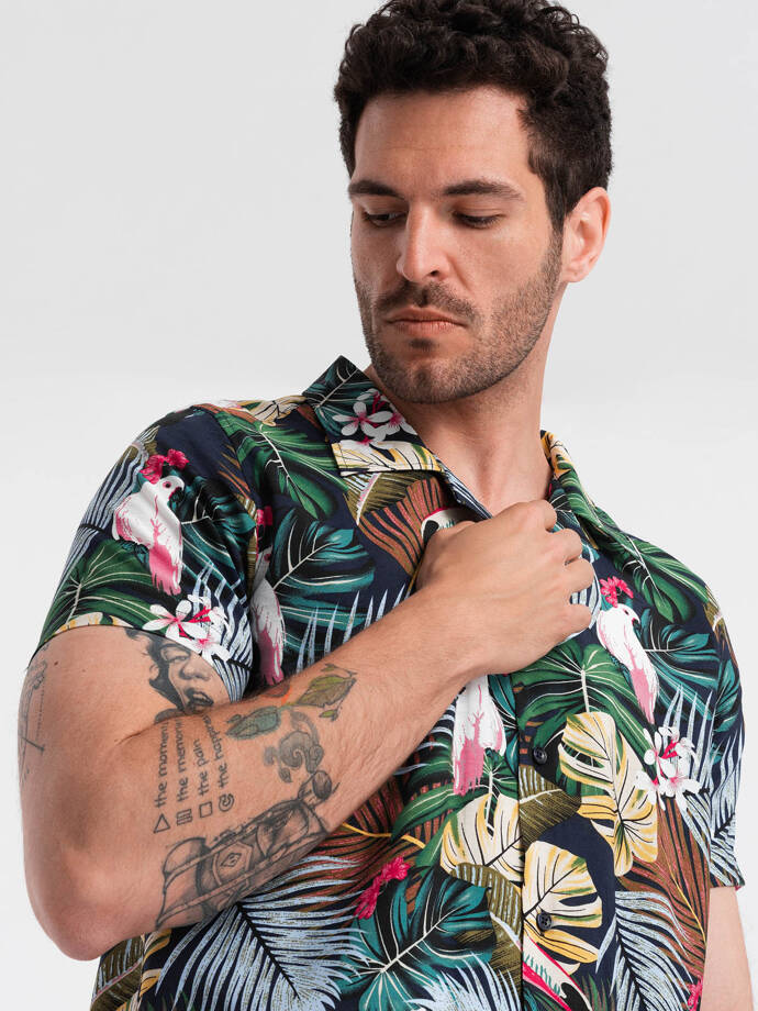 Vyriški raštuoti viskozės marškiniai trumpomis rankovėmis - džiunglės V10 OM-SHPS-0113