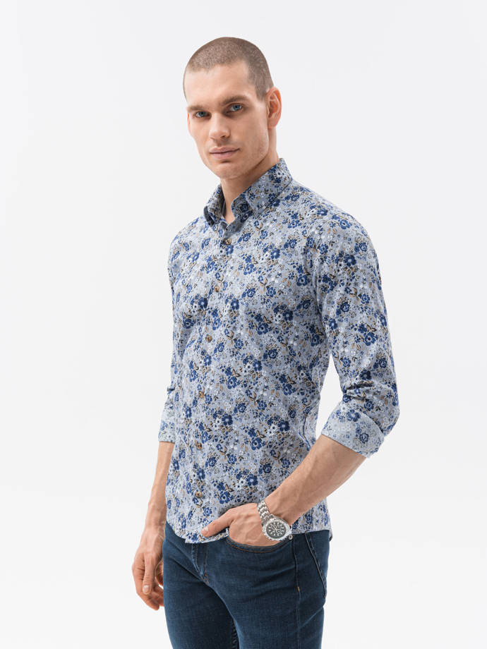 Vyriški slim tipo marškiniai ilgomis rankovėmis - šviesiai mėlyni K610