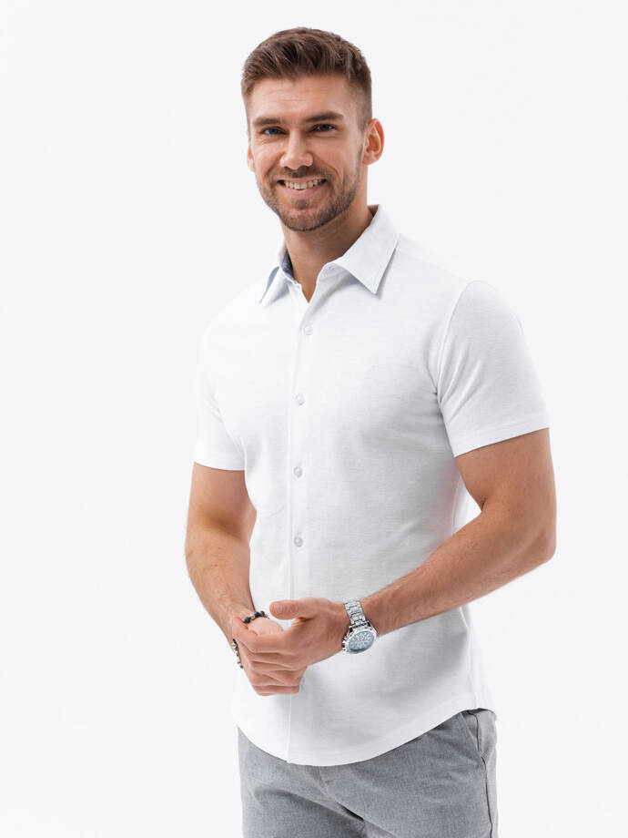Vyriški trikotažiniai marškiniai trumpomis rankovėmis su apykakle - balti V1 OM-SHSS-0100