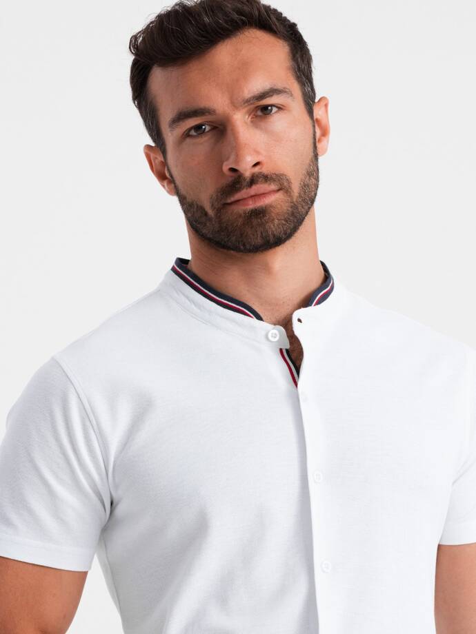 Vyriški trikotažiniai marškiniai trumpomis rankovėmis su apykakle - balti V1 OM-SHSS-0101