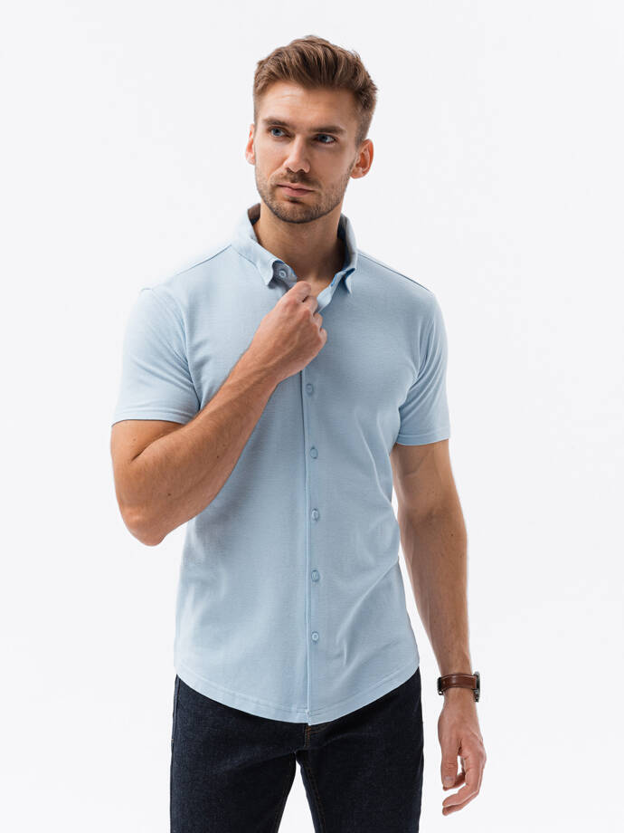 Vyriški trikotažiniai marškiniai trumpomis rankovėmis su apykakle - mėlyni V3 OM-SHSS-0100