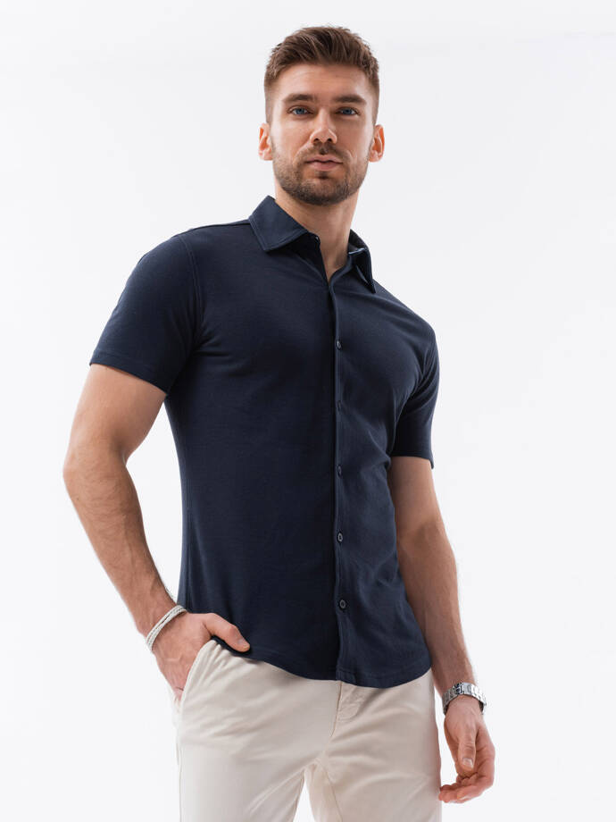Vyriški trikotažiniai marškiniai trumpomis rankovėmis su apykakle - tamsiai mėlyni V2 OM-SHSS-0100