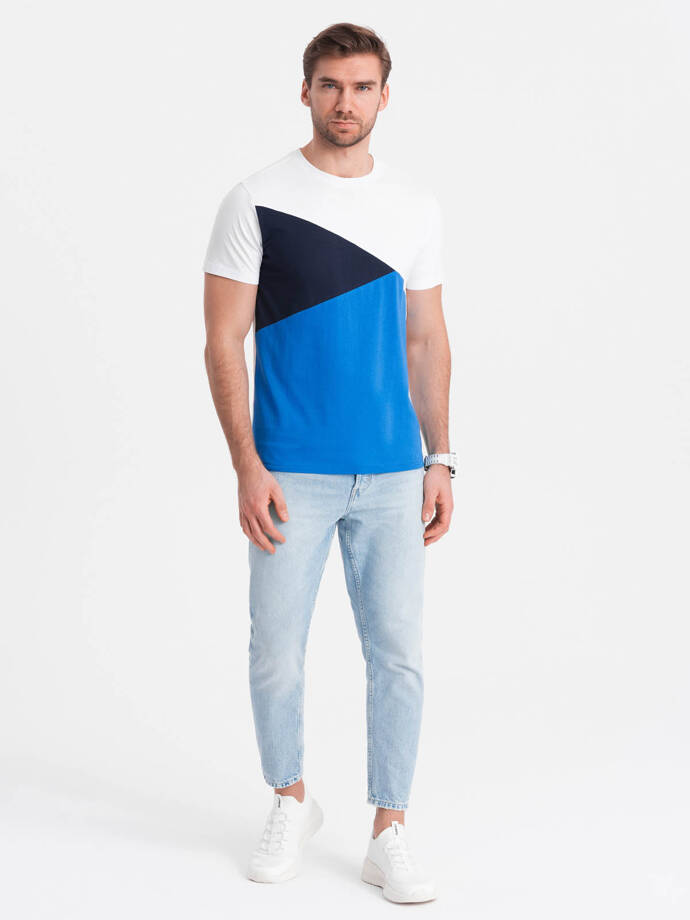 Vyriški trispalviai medvilniniai marškinėliai - balti ir mėlyni V4 OM-TSCT-0174