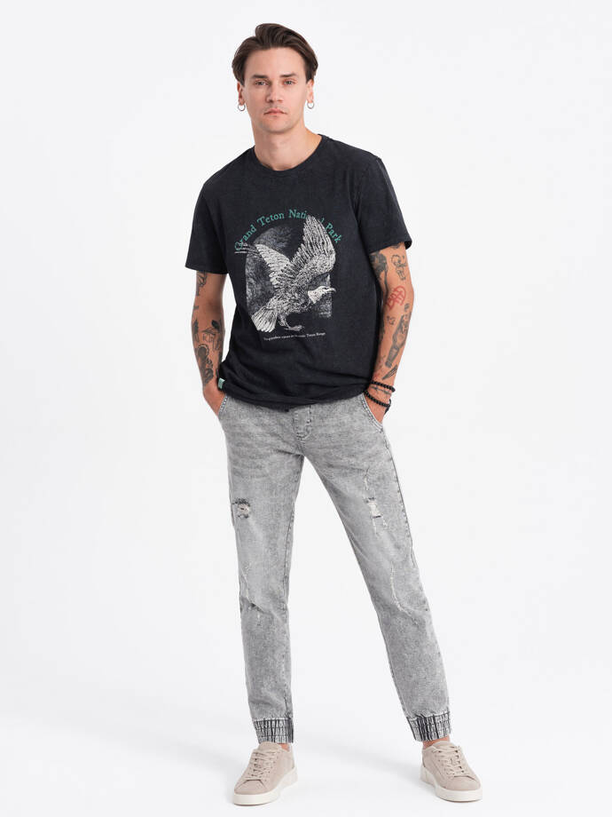 Vyriškos JOGGERS džinsinės kelnės su trynimu - šviesiai pilkos spalvos V4 OM-PADJ-0150