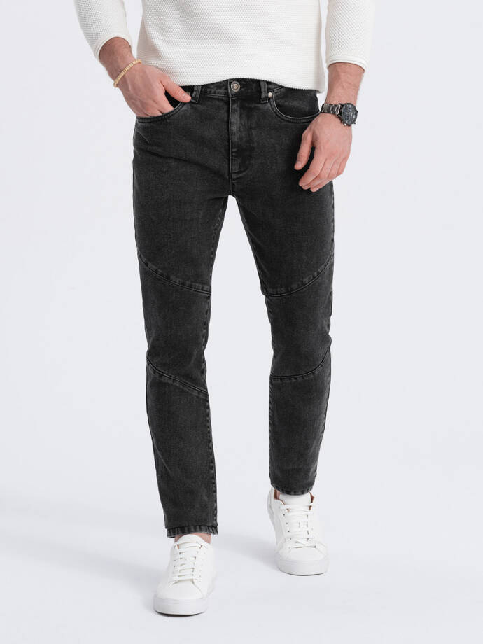 Vyriškos džinsinės kelnės su dygsniais ties keliais - juodos V2 OM-PADP-0109